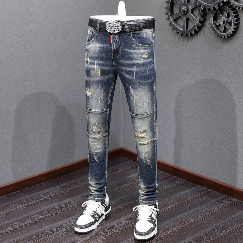 

Streetwear Fashion Men Jeans Retro Black Blue Stretch Slim Fit Vintage Ripped Jeans Men Embroidery Designer Hip Hop Denim Pants