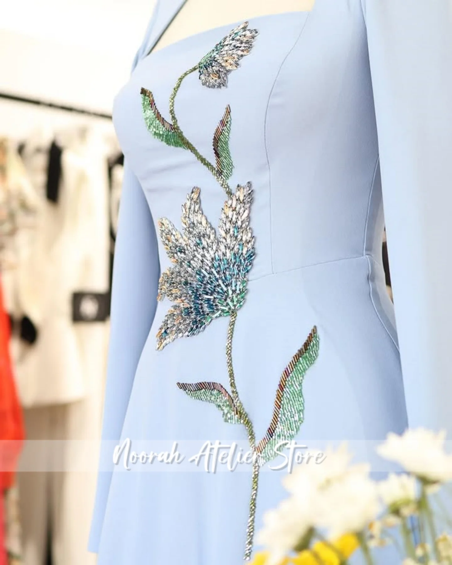 Neue Sky Blue Quadrat Kragen Luxuriöse Hohe Qualität Frauen Abendkleid 2025, Applikationen Hochzeit Party Langes Kleid Vestidos Angepasst