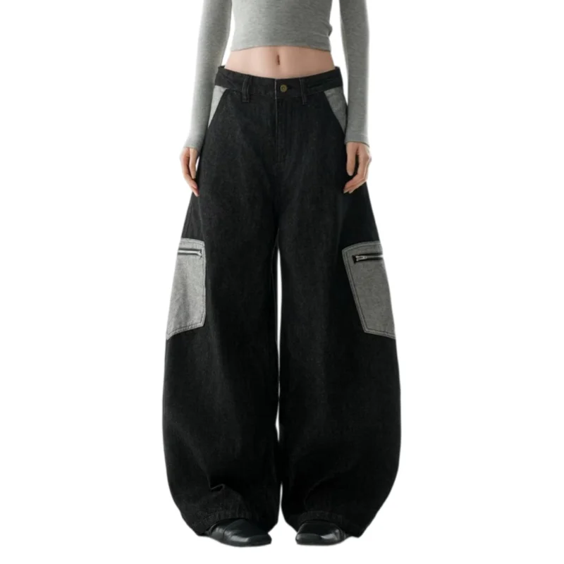 2026 Cyber Y2K Streetwear Contrast Color Black Baggy Women's Cargo Jeans Pants For Woman Clothing Wide Leg Loose Long Trousers