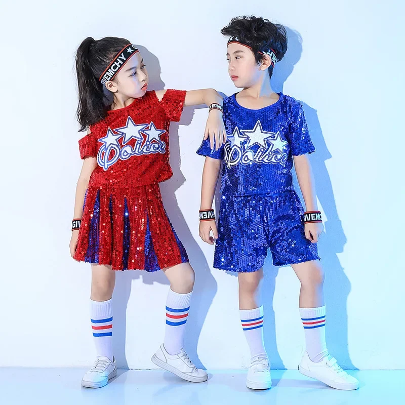 Nuevos trajes de porristas modernos para baile de Jazz para niños, trajes de baile callejero con lentejuelas para niños y niñas, trajes de baile de Jazz de Hip-hop