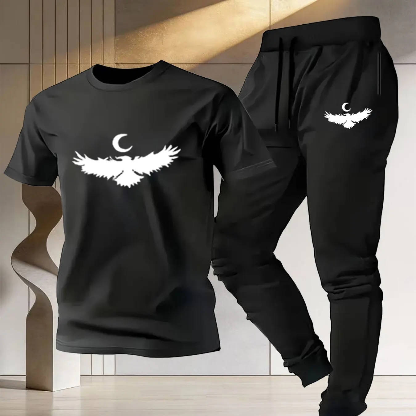 

Dark Theme Moon & Crow Print Men's Sports Set - Summer Pure Cotton Short Sleeve T-Shirt + Slim Fit Casual Pants for Fitness