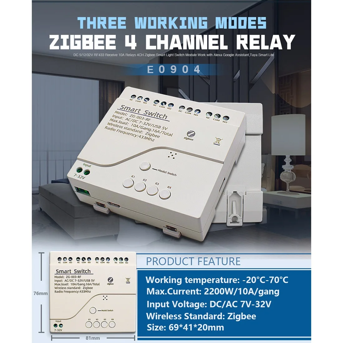 

AB34-4CH Zigbee 3.0 Wifi Relay Module DC7V-32V RF Smart Switch Work With Tuya Smart Life APP Self-Locking Inching Mode