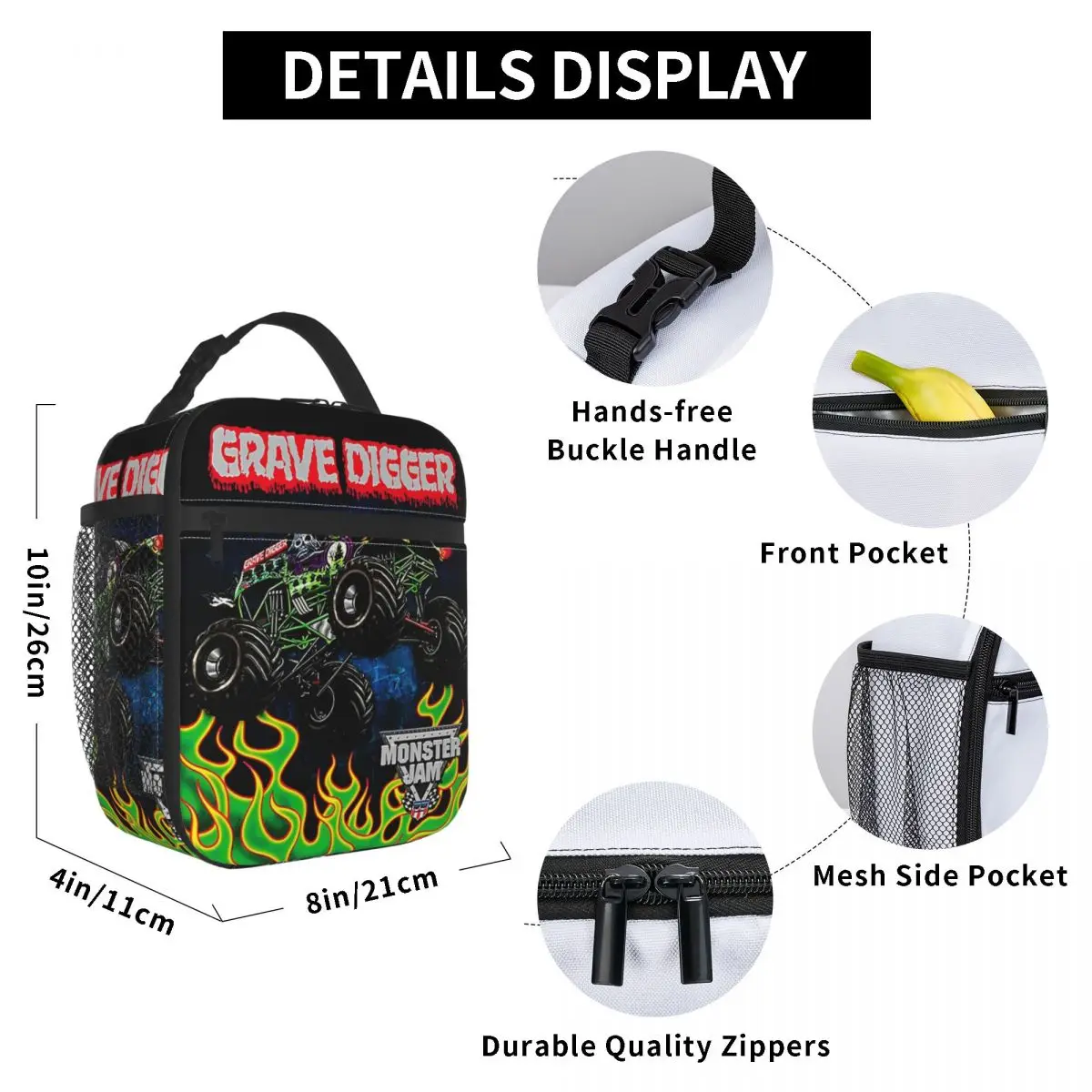 Grave Digger Jump Monster Jam Trucks Insulated Lunch Bags Portable Meal Container Thermal Bag Lunch Box Tote School Bento Pouch