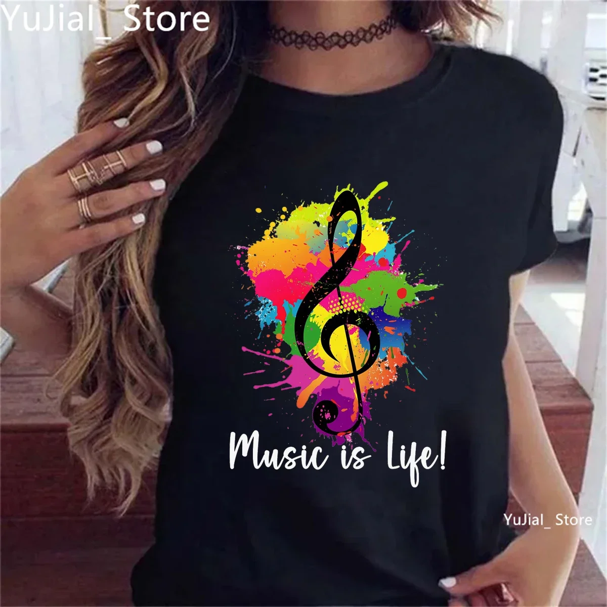 2025 Watercolor Music Note Music Is Life Graphic Printed T Shirt Women'S Clothing Summer Funny Artistic Aesthetic T-Shirt Female