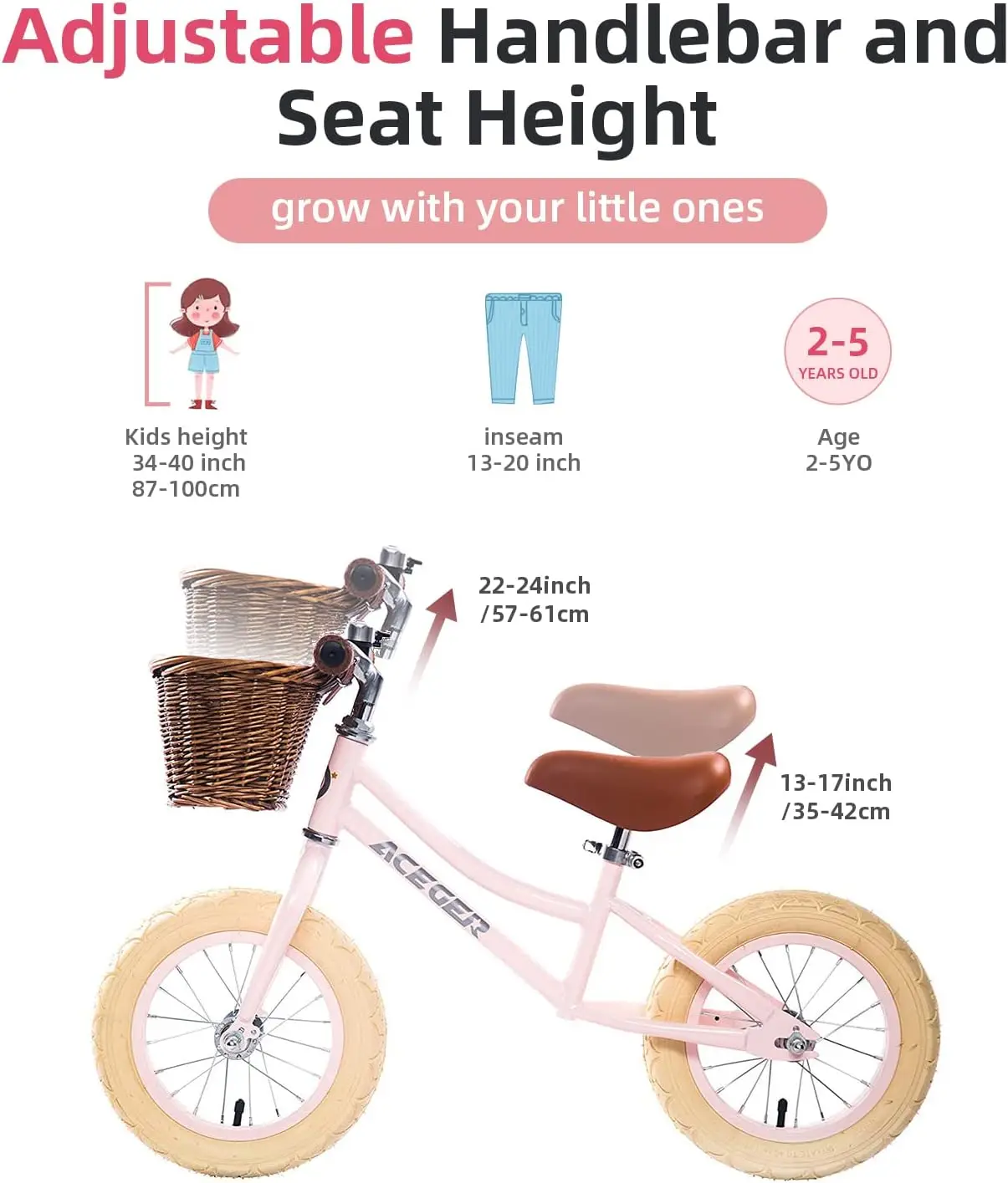 12" Kids Balance Bike with Basket, No Pedal Toddler Bicycle for Early Learning Leg Strength and Steady Balancing, Durable Frame&