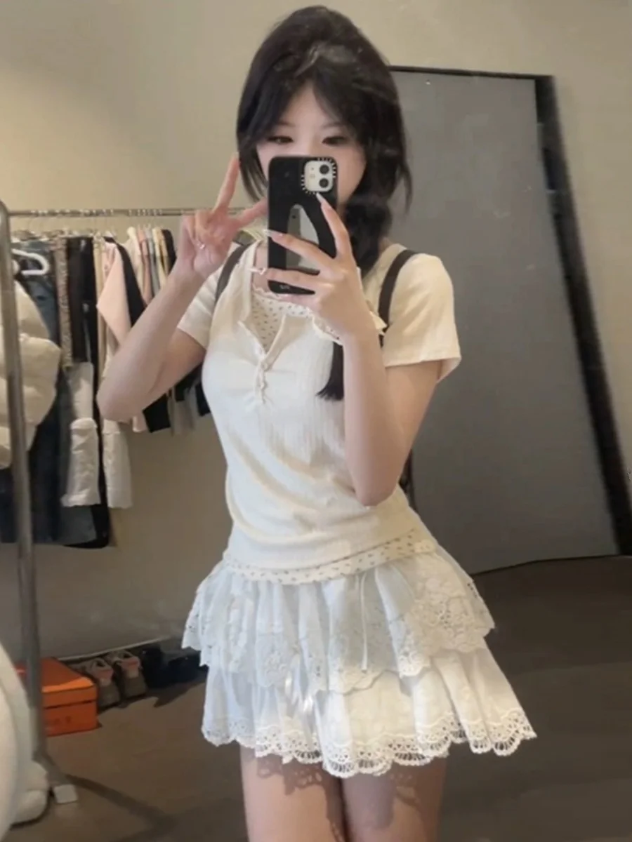 Ballet Sweet Girl ature Milk System Set Summer T-irt Top Cake ort Skirt Anti-aging Sweet Two-piece Set