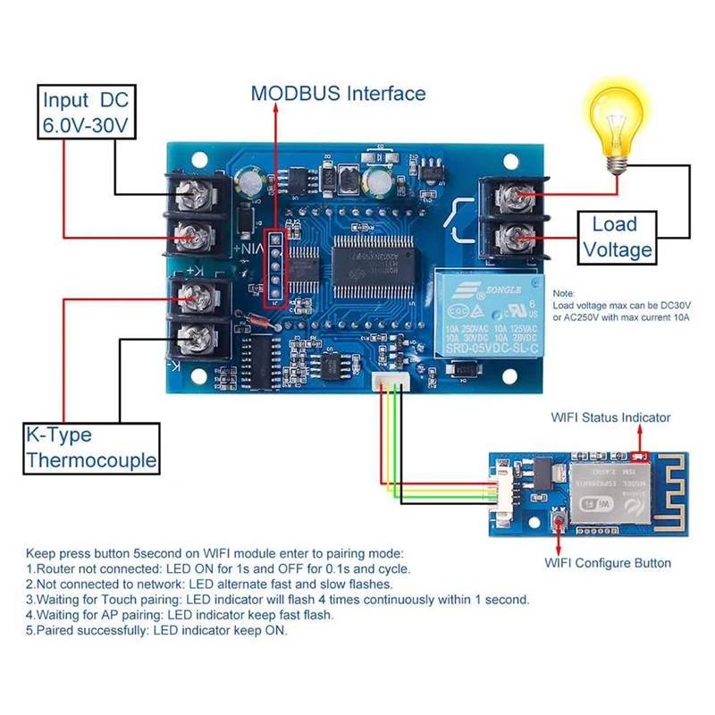 12V DC Digital Temperature Controller, Wifi APP Control High Temperature Control Module -99 Celsius-999 Celsius 24V