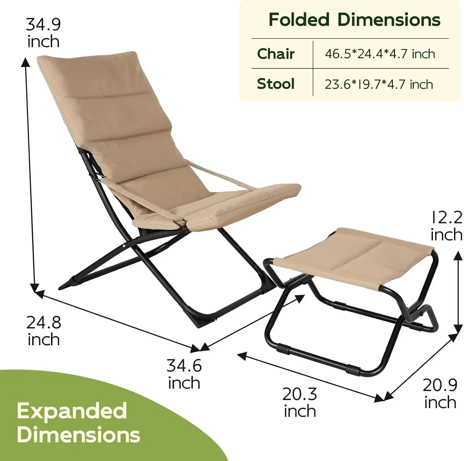 Folding Beach Chair with Separate Footrest, Portable Beach Lounge Chair, Detachable Cushion, Portable Reclining Lounger for Tann