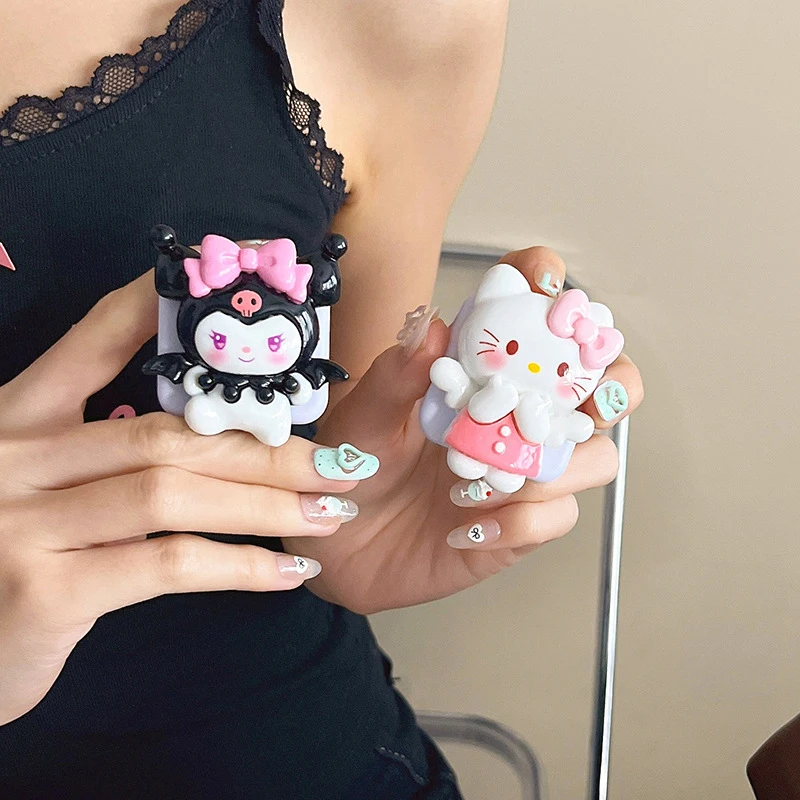 Sanrio Cute Mobile Phone Holder Support Hello Kitty Flip Mirror Phone Case Smartphone Bracket Decoration Accessories