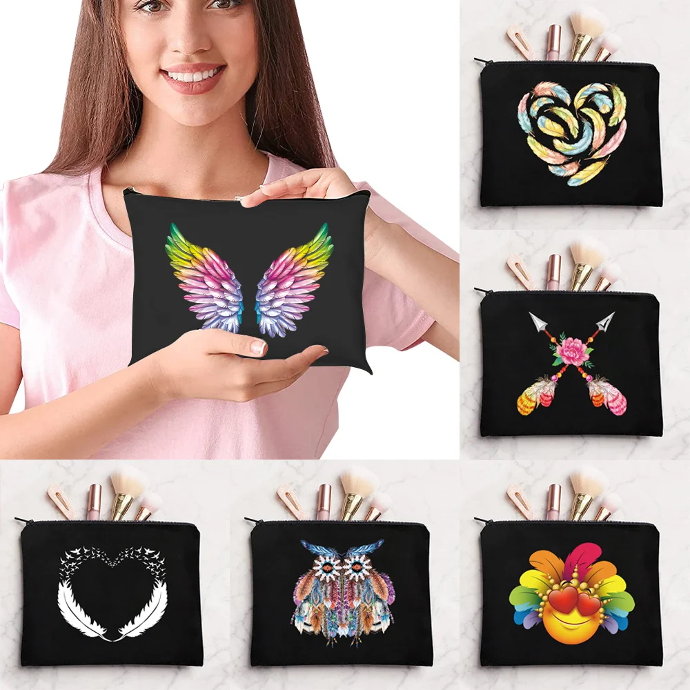 Daily Carry Cosmetic Pouch With Feather Print Attractive Organizer Bag for Ladies Office School Going Out Casual Travel Moments