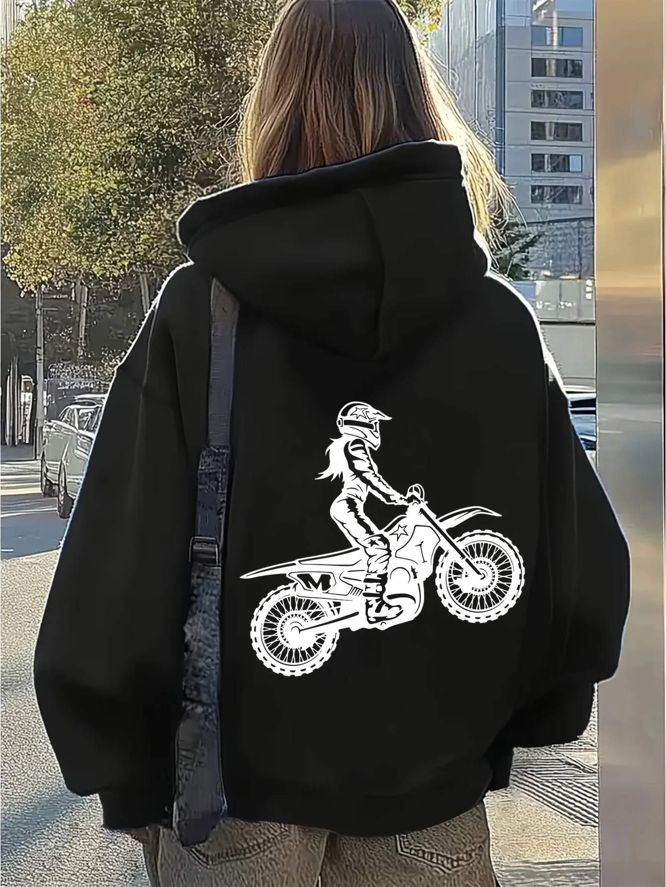Autumn Winter Women'S Hooded Winter with Added Warmth This Versatile Dark Motorcycle Silhouette Printed Hoodie