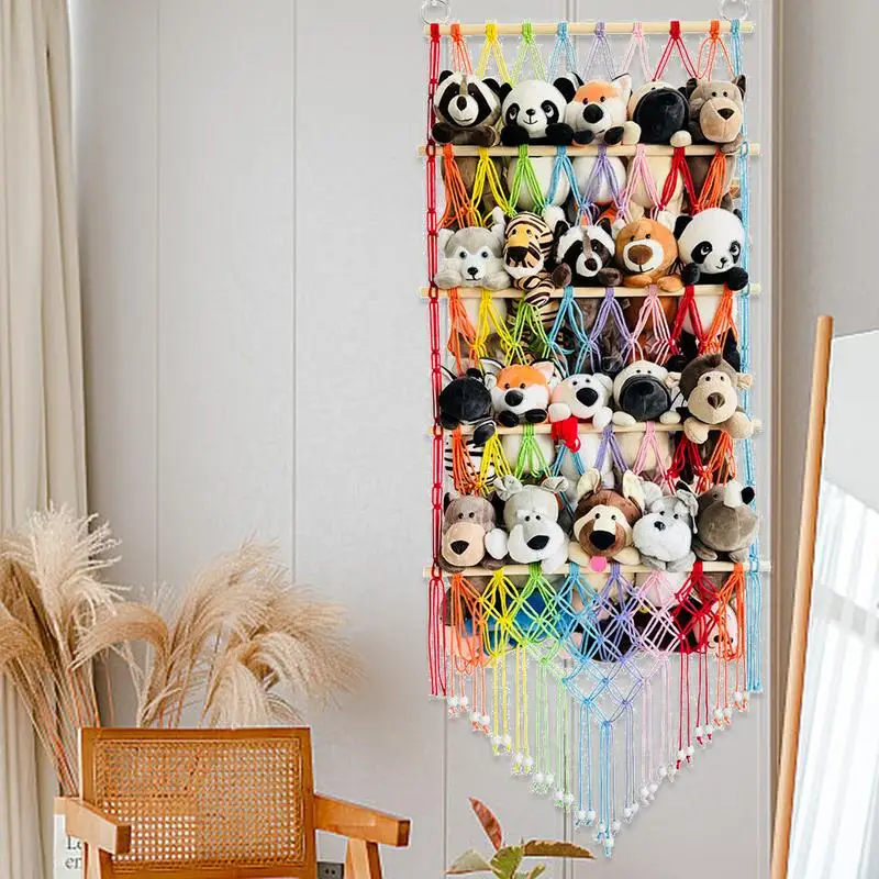 Stuffed Animal Hammock 4 Layers Plush Toy Organizer Hammock Stuffed Toy Bag Net Hangable Macrame Boho Holder For Bedroom