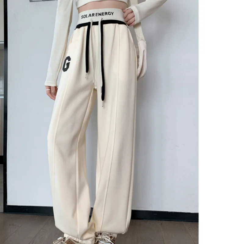 

Women's Bottoms Apricot Stripe Sweatpants Fashion High Waist Straight Mopping Pants Casual Baggy Wide Leg Trouser Ladies Spring