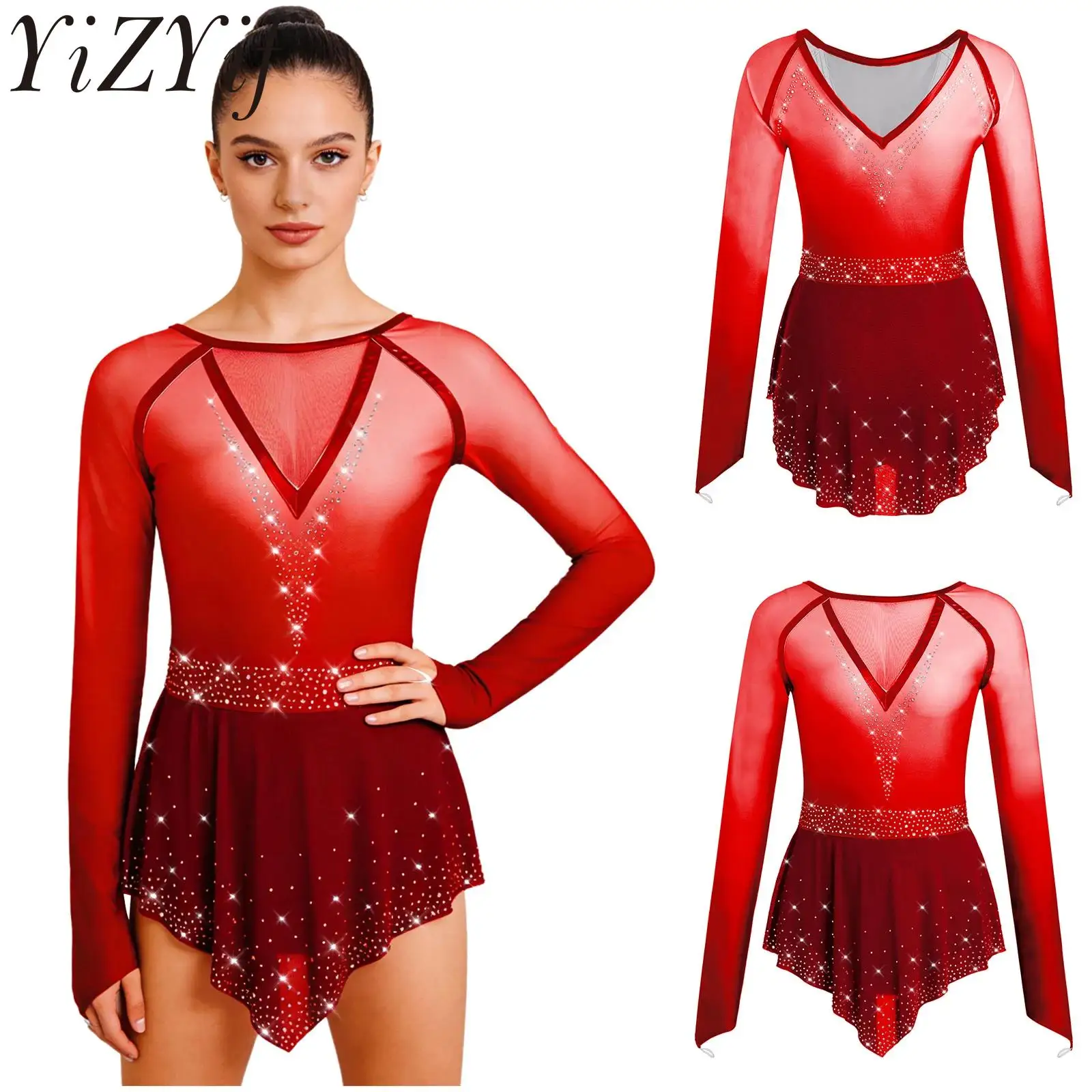 レディース体操ボディスーツ長袖メッシュスカートバレエレオタードジャンプスーツラインストーンvバックレスフィギュアリズミカルパフォーマンス