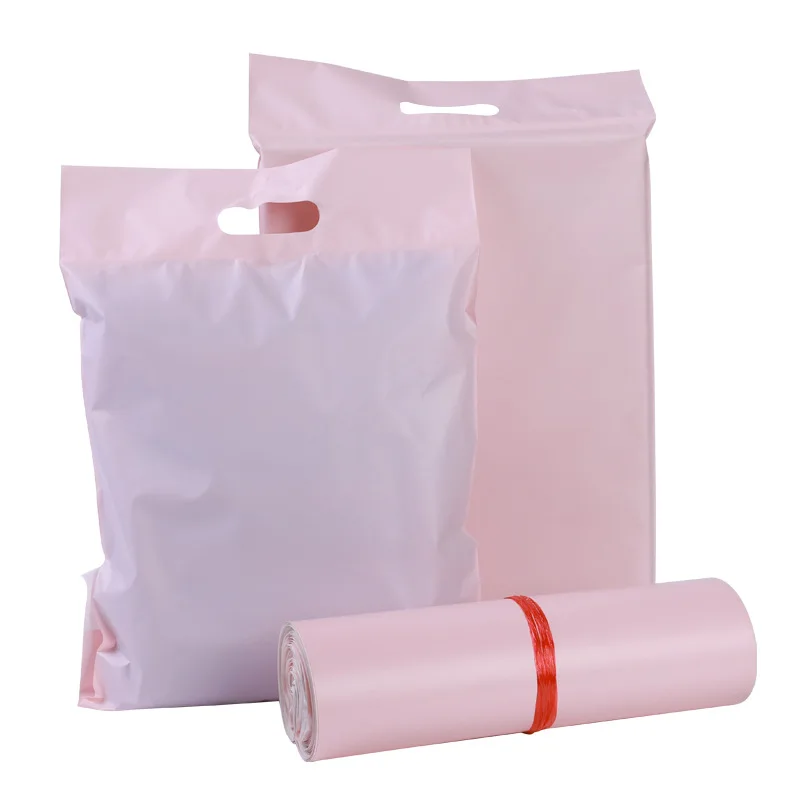 50Pcs Light Pink Express Bags With Handle Waterproof Handheld Courier Bag Translucent Plastic Shipping Envelope Clothes Package