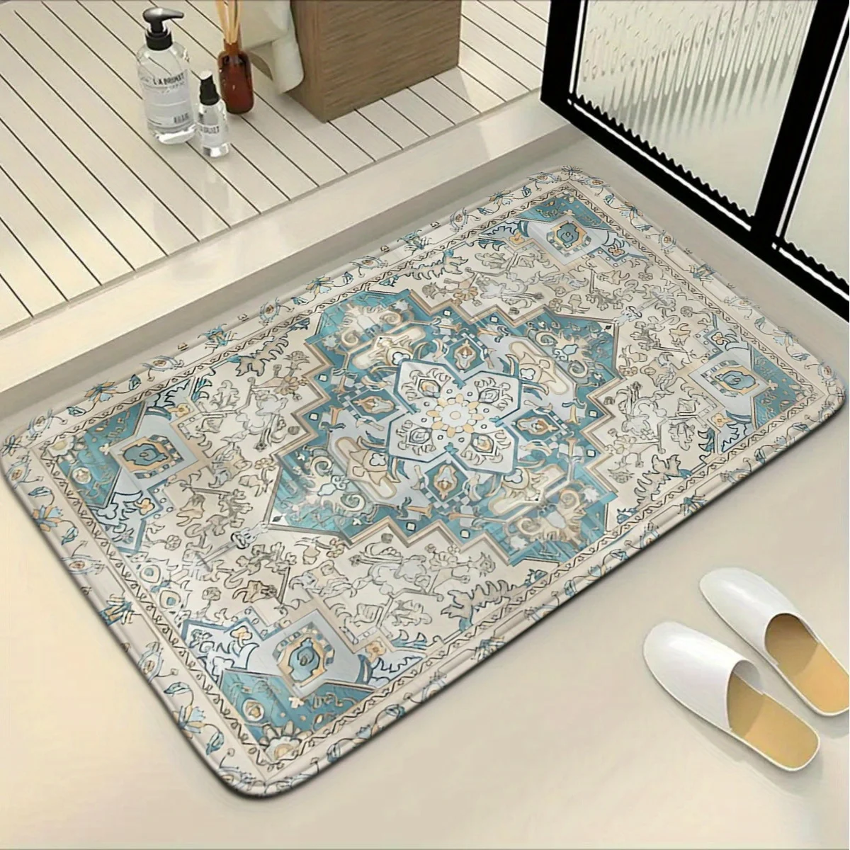 3-piece Persian series cyan floral pattern bathroom mat set toilet seat U-shaped foot mat suitable for bathroom decoration