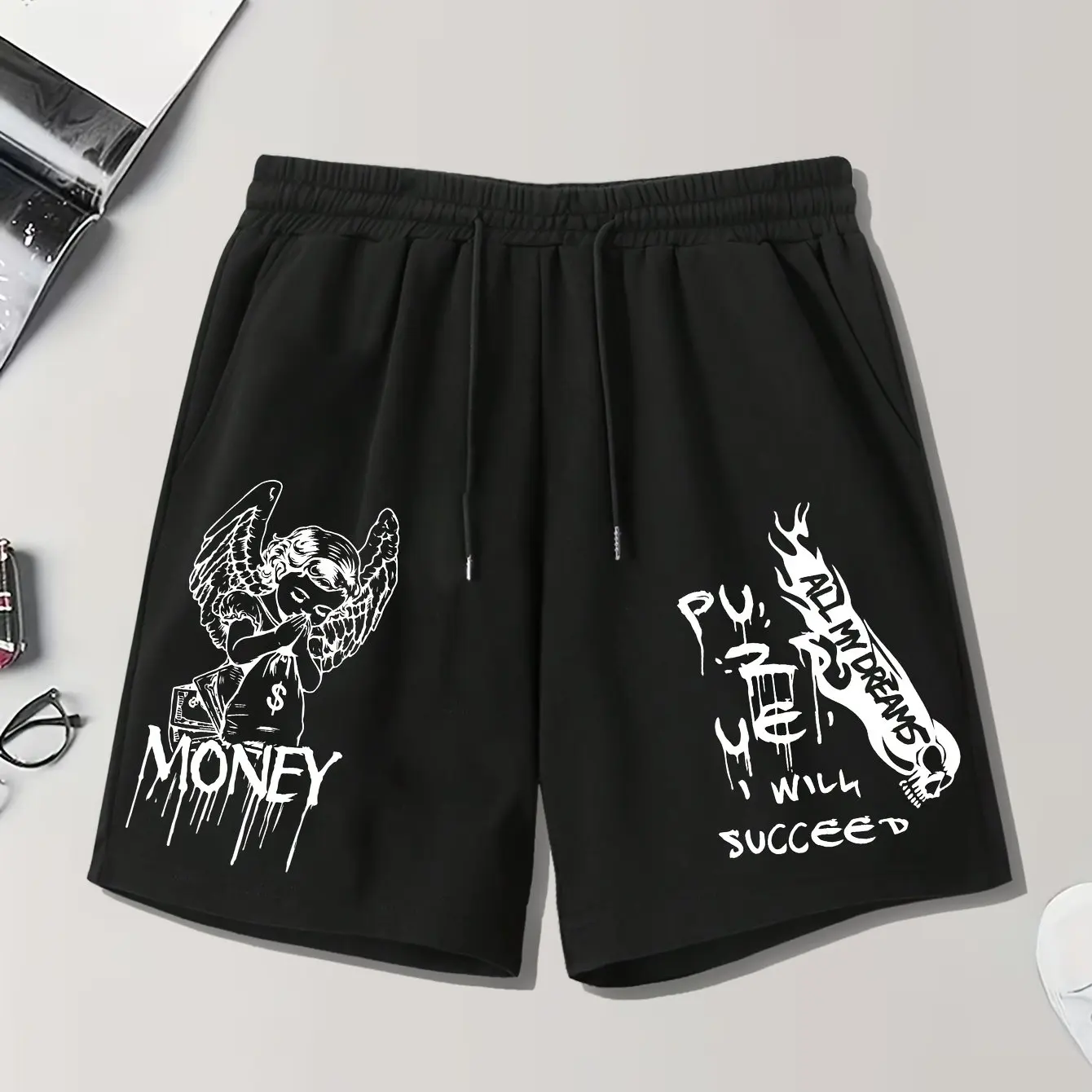 Men's Printed Angel Pattern and Letter Printed Shorts with Belt and Pocket, Summer Street Fashion Shorts