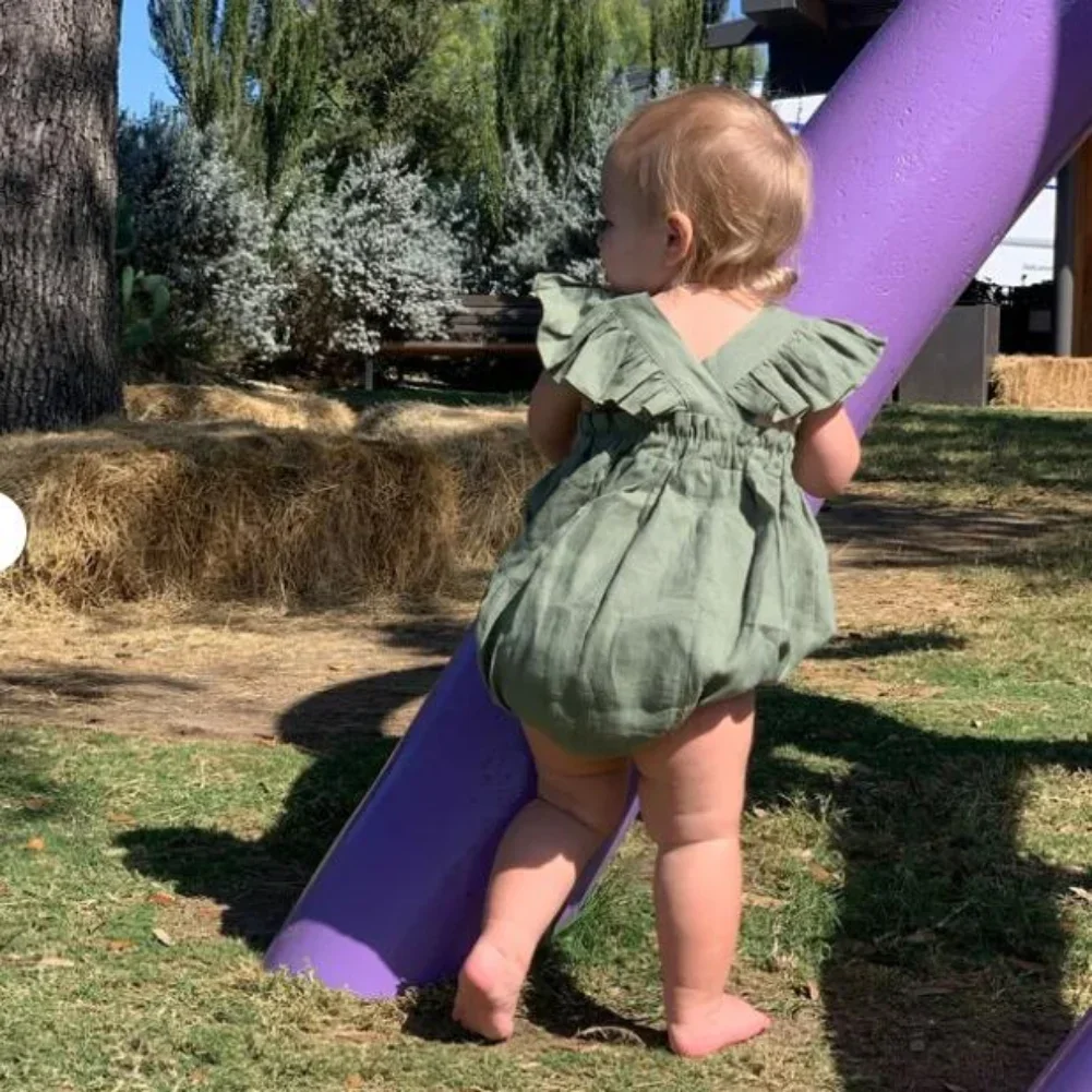 Romper com babados para menina, romper sem mangas, algodão e tecido de linho para recém-nascido, roupas de verão