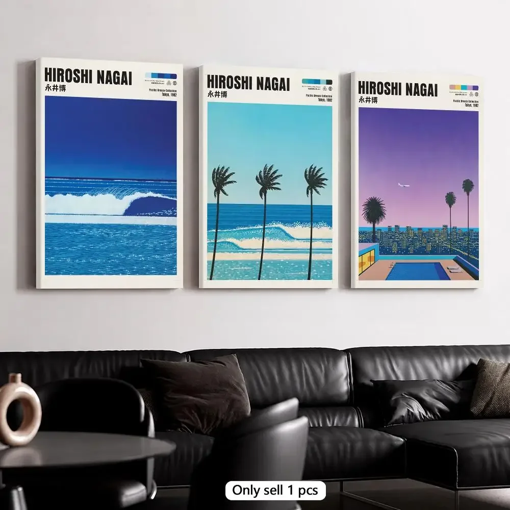 H-Hiroshi Nagai Ocean Palm Breeze Framed Wall Painting Framed Canvas Wall Art Poster Solid Wood Frame Home Decor