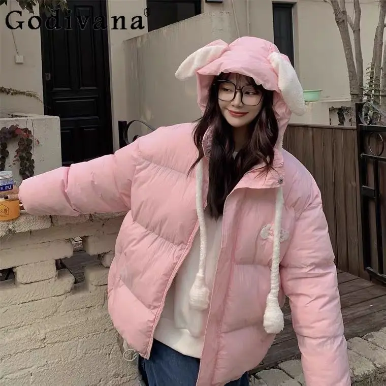 

Korean College Style Parkas Women Winter Students Y2k Sweet Blue Loose Oversize Rabbit Ears Hooded Thickened Cotton Padded Coats