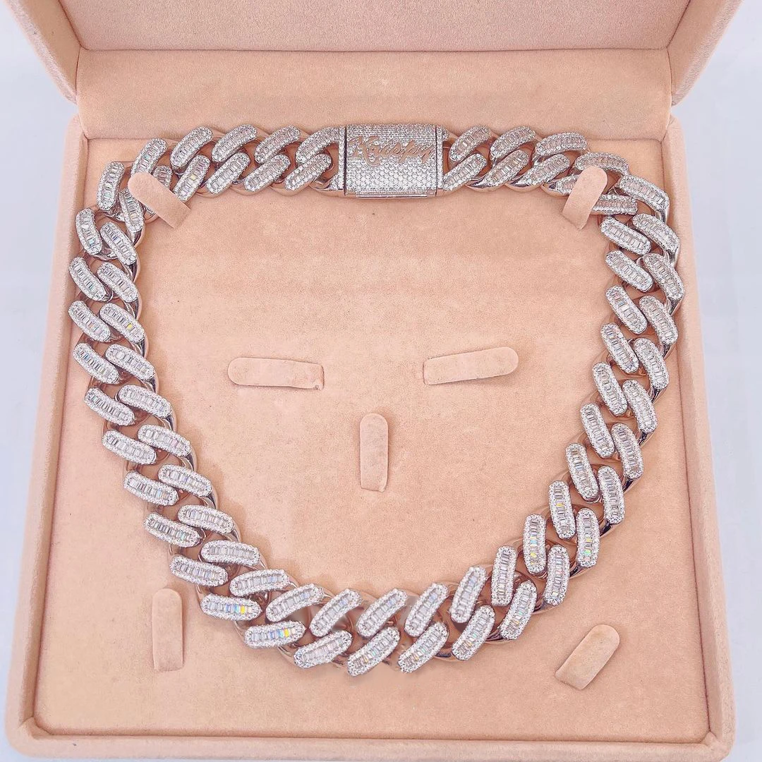 Hip Hop Sterling Silver 925 White Gold Miami Cuban Link Iced Out Lab Diamond Moissanite Cuban Chain