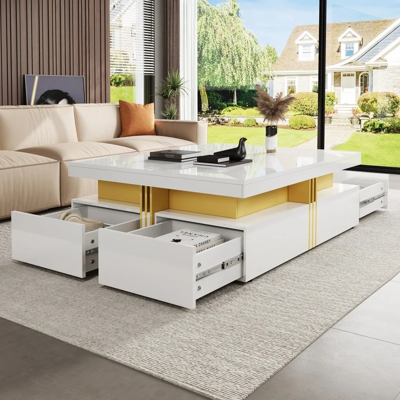 

Modern White Square Coffee Table with 4 Drawers, 43.3"