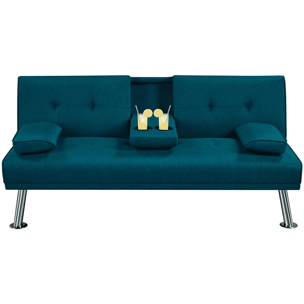 Convertible Futon Sofa Bed W/ Chrome Metal Legs & 2 Cup Holders, Aqua Blue