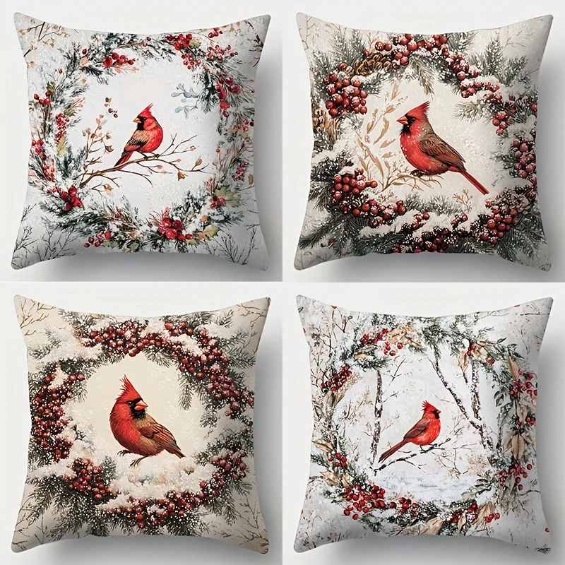 Four-Piece Set of Festive Winter Bird and Berry Wreath Throw Pillow Covers for Seasonal Home Decor