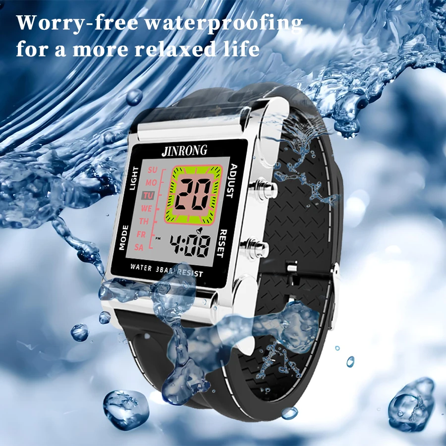 세련된 남성용 및 여성용 디지털 시계, 사각 다이얼 30M 방수 실리콘 스트랩 아연 합금 케이스 스톱워치=