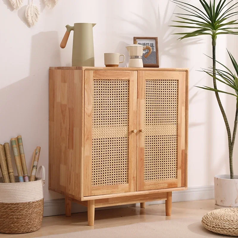 Solid Wood Dining Side Cabinet Modern Kitchen Storage Living Room Wall Rattan Woven Cupboard Contracted Style