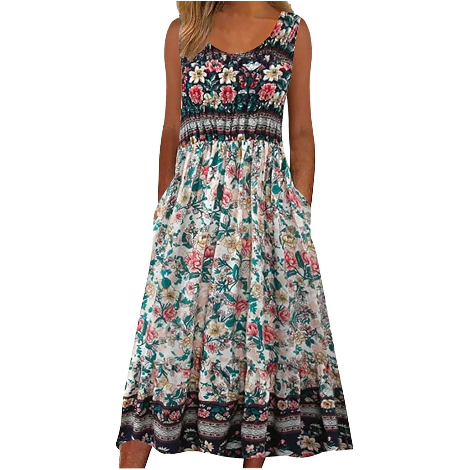 

2024 Vintage Bohemian Tank Dresses Women Short Sleeve V-Neck Elegant Dress Summer Female Casual Printed Dress Holiday Vestidos