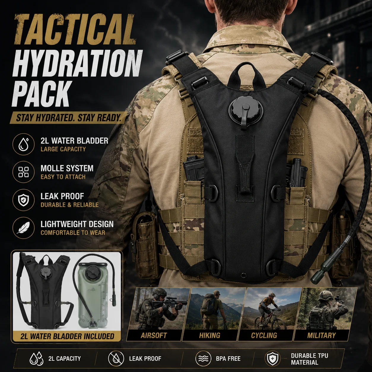 3L Tactical Hydration Backpack, Outdoor Camouflage EVA Water Bag, For Travel Cycling Mountaineering, Durable Waterproof MOLLE Sy
