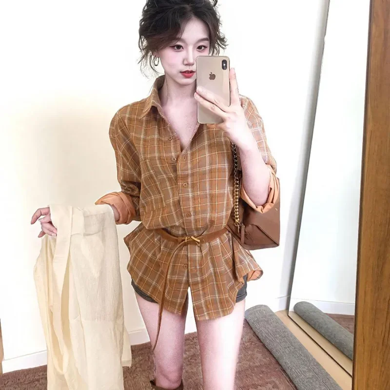 

Women Plaid Long Sleeve Shirt Brown Belted Loose Casual Button Front Oversized Top
