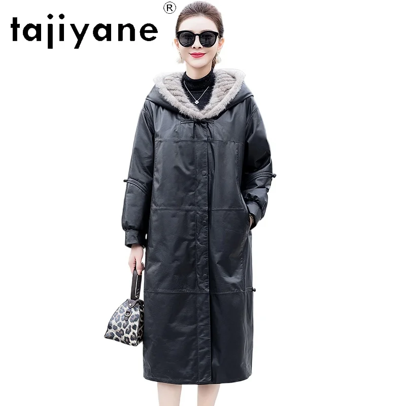 TAJIYANE 100% جلد البقر أوزة أسفل معطف طويل الجلد الحقيقي سترة منفوخة المرأة مع قبعة من المينك الشتاء ملابس خارجية ملابس امرأة 2025