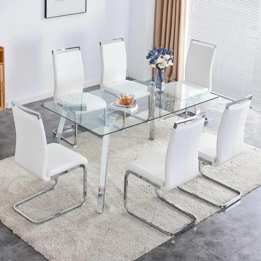 

Glass Table Set 6, Dining Room Table Set 6, 63 Inch Kitchen Table with 6 Silver Leg Chairs, 7 Pieces Tempered Glass Tables Set