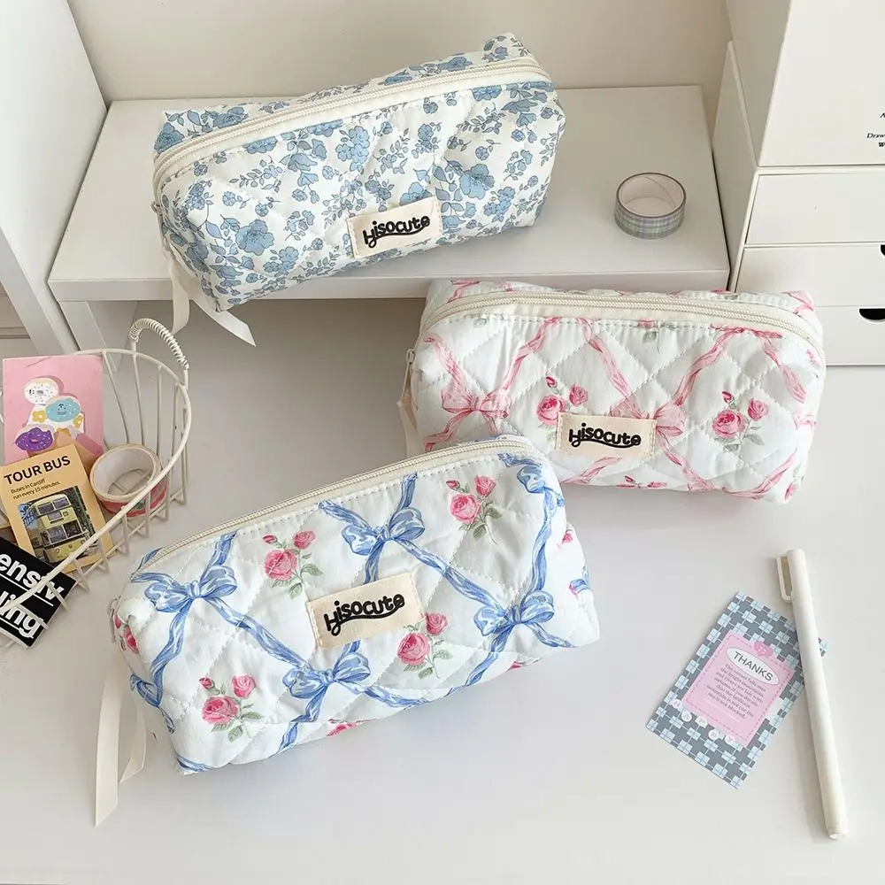 Creative Bow Large Capacity Pen Case Rhombus Flower Stationery Storage Bag Detachable Cartoon Makeup Lipstick Bag Students