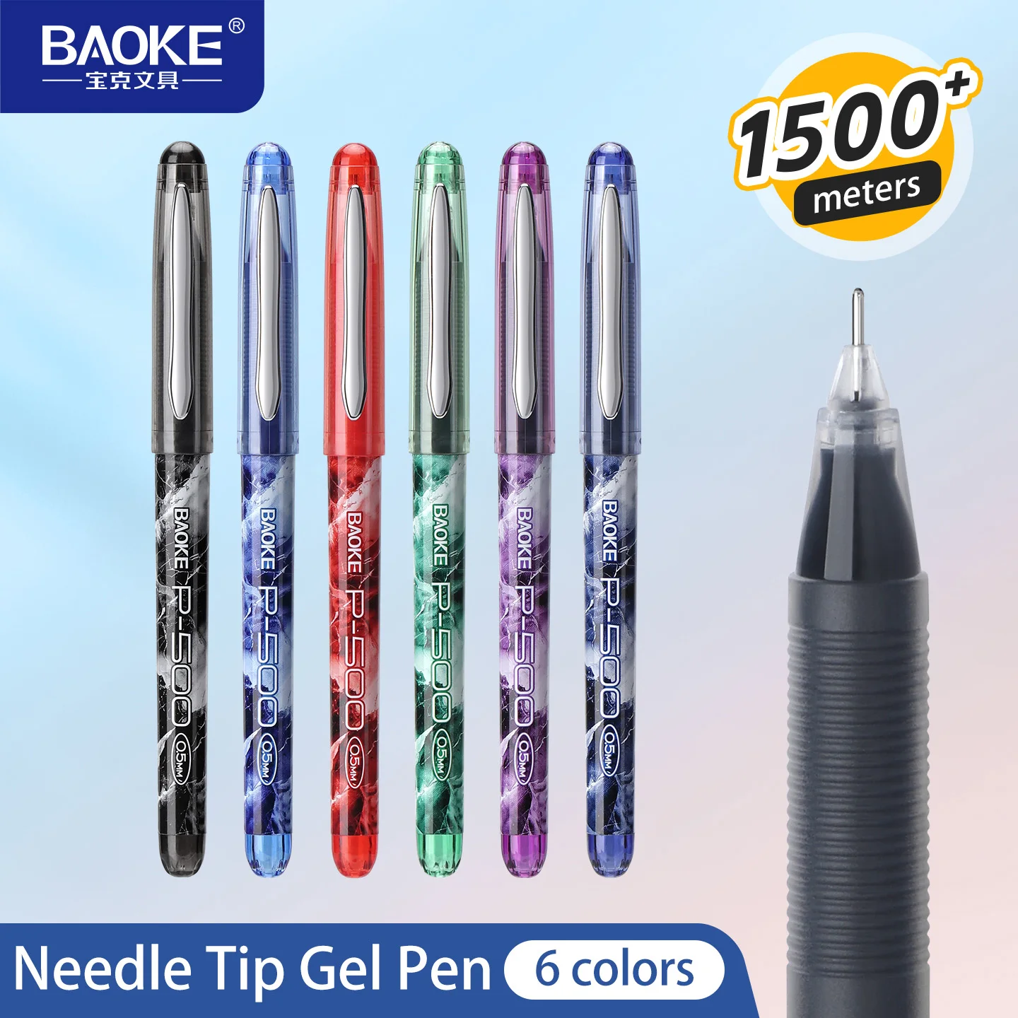 BAOKE  6 Colors Set 0.5mm Needle Tip Gel Pens Quick Drying Smooth Writing Fine Point Rollerball Pens for School Office Supplies