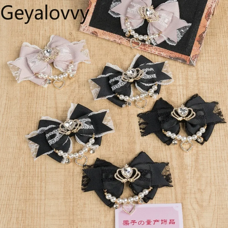 

Заколка для обуви ручной работы с жемчужной цепочкой в японском стиле, милая заколка для волос в стиле Лолиты, милая заколка для волос для девочек, универсальный кавайный бант, кружевной аксессуар для волос