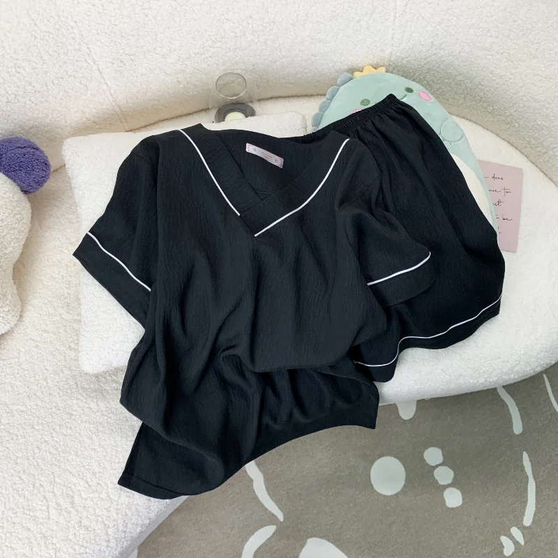 

Повседневный простой пижамный комплект в корейском стиле для женщин, шорты с короткими рукавами, новинка лета 2025, пижамный комплект, мягкая популярная домашняя одежда с v-образным вырезом