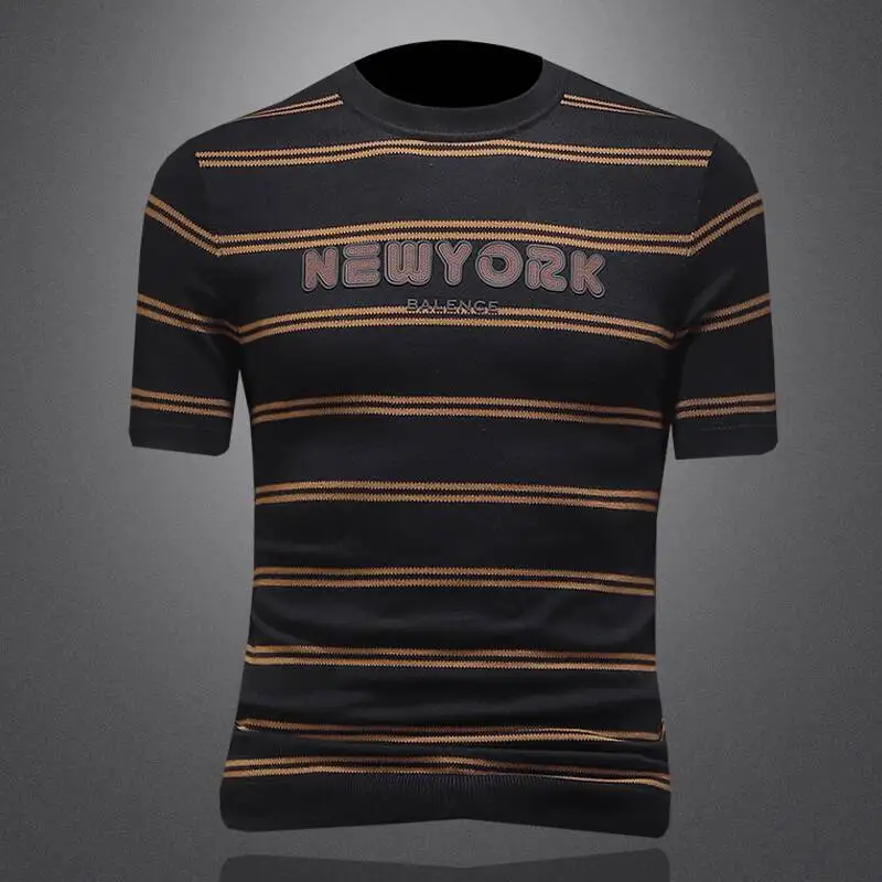 European Retro Striped Knitted Short Sleeved Men Tee Shirt Homme Spring 2025 Striped Round Neck Breathable T-shirt Streetwear