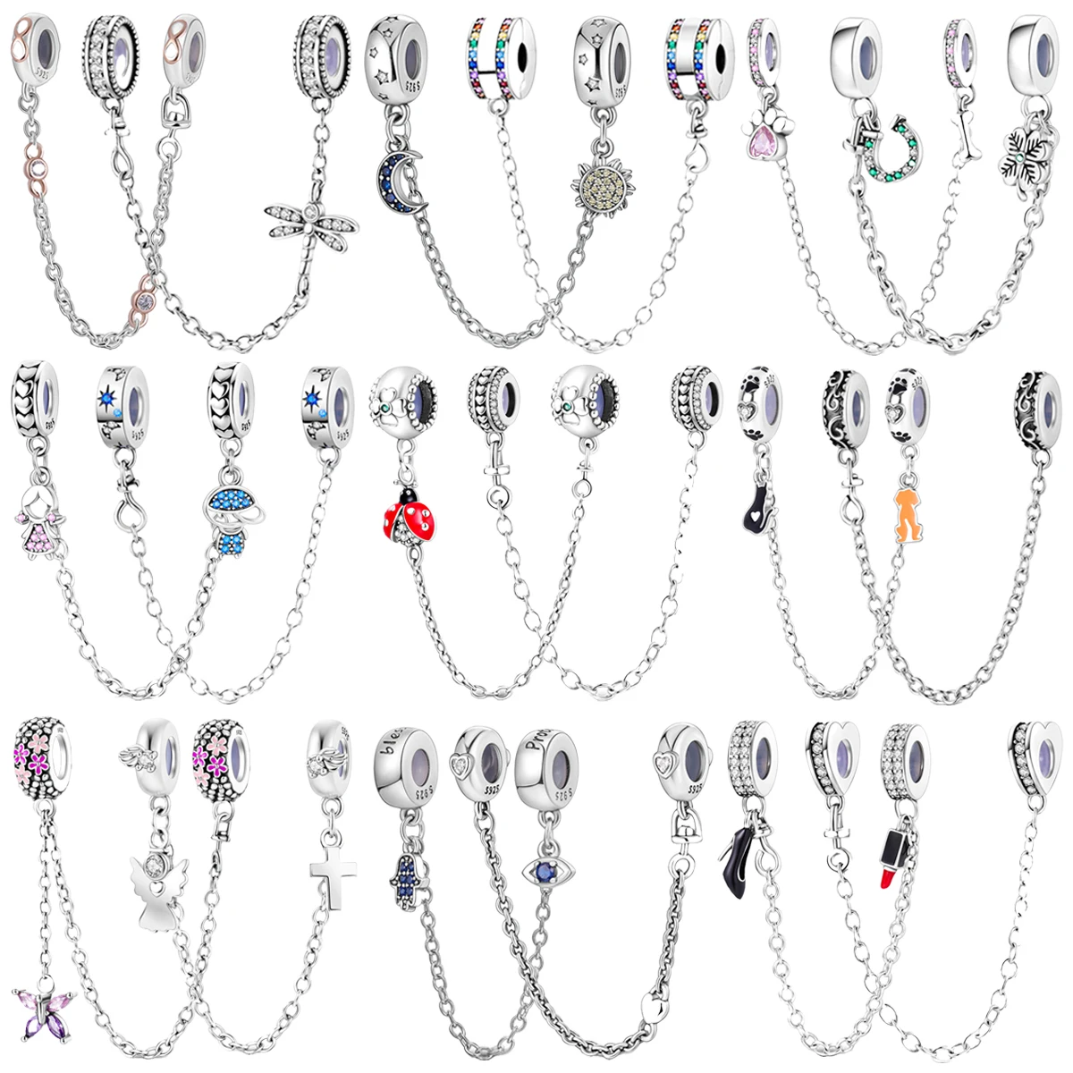 

Original 925 Sterling Silver Safety Chains Spacer Beads Moon Sun Angel Animal Cross Heart Charms for Pandora Bracelet Women Gift