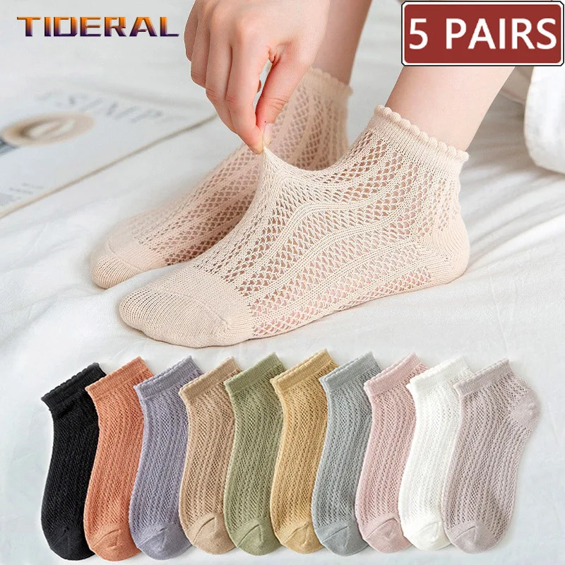 5 Pairs Women Cotton Short Socks Summer Thin Mesh Low Cut Soft Breathable Solid Color No Show High Quality Female Ankle Socks