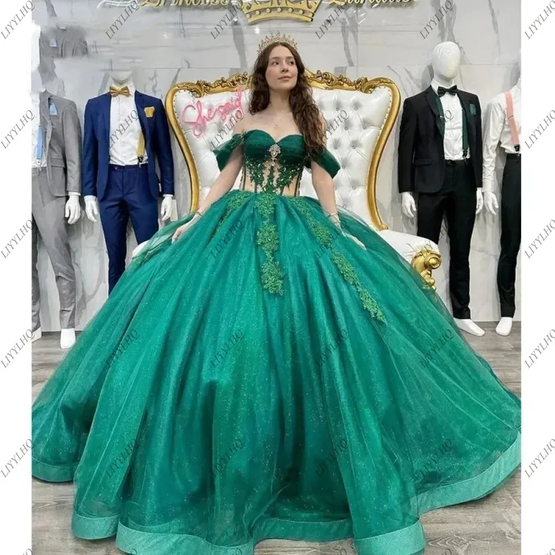 Liyyyhq gaun Quinceanera hijau Meksiko Vestidos De 15 Anos applique antik gaun pesta ulang tahun putri manik-manik ukuran Plus