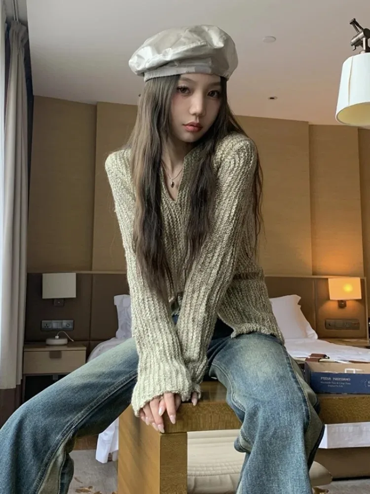 Korean Fashion Slim Women Sweaters Long Sleeve 2024 Spring Y2k Aesthetic Sueter Mujer Split All Match Casual Hollow Out Pullover