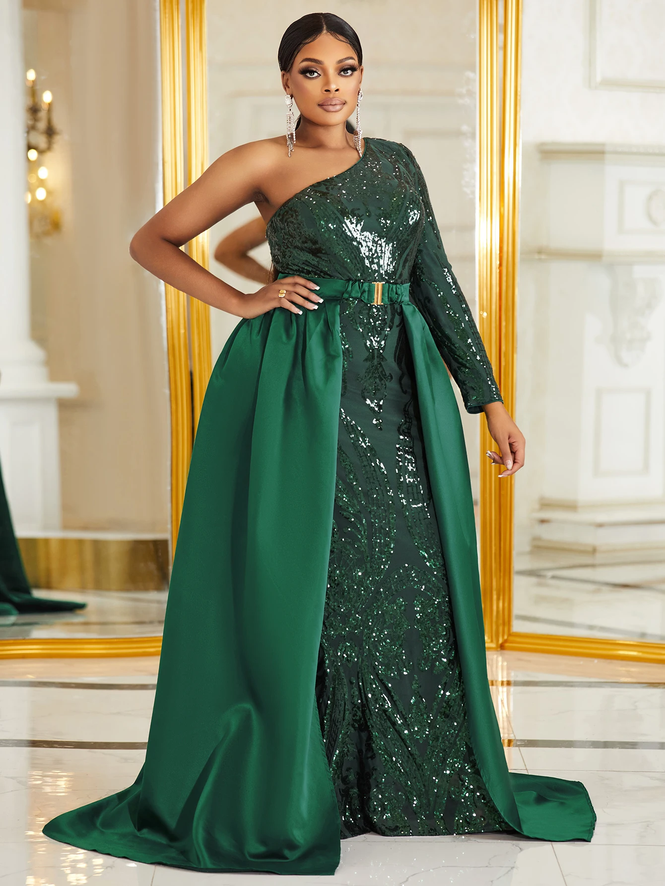 Plus One Shoulder Contrast Sequins Belted Prom Dress