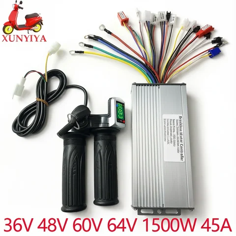 36V 48V 60V 64V 1500W 45A Brushless Motor Controller with LCD Power Display with Lock Throttle Kit for E-Bike Tricycle Repair