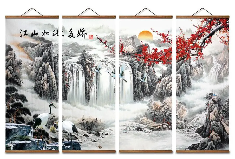 

MT0930 Chinese Style red plum mountain flowing water Canvas Bedroom Living Room Wall Art Posters Solid Wood Scroll Paintings