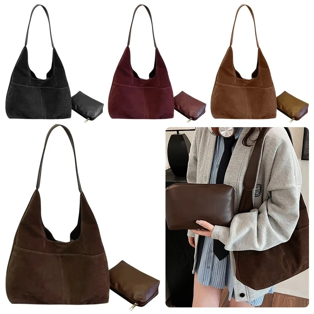 

Trendy Versatile 2-IN-1 Bag Sets Retro Faux Suede Underarm Shoulder Bag Multi Pockets Large Capacity Shopper Tote Bag For Women