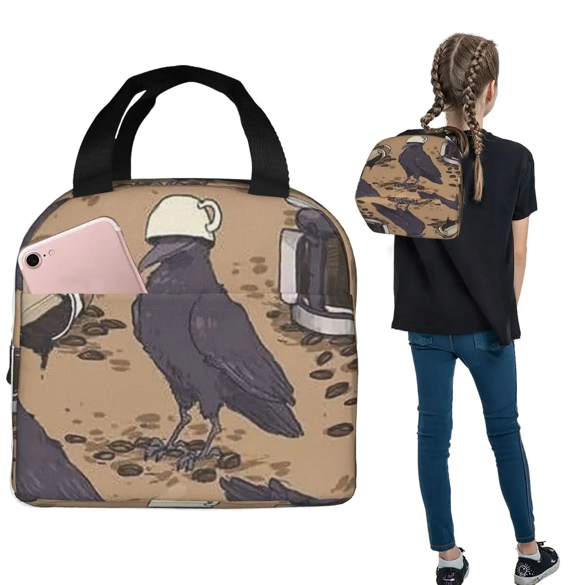 

Coffee Drinking Crow Pattern Insulated Lunch Bag for Women Children Portable Food Boxes Thermal Lunch Box Tote