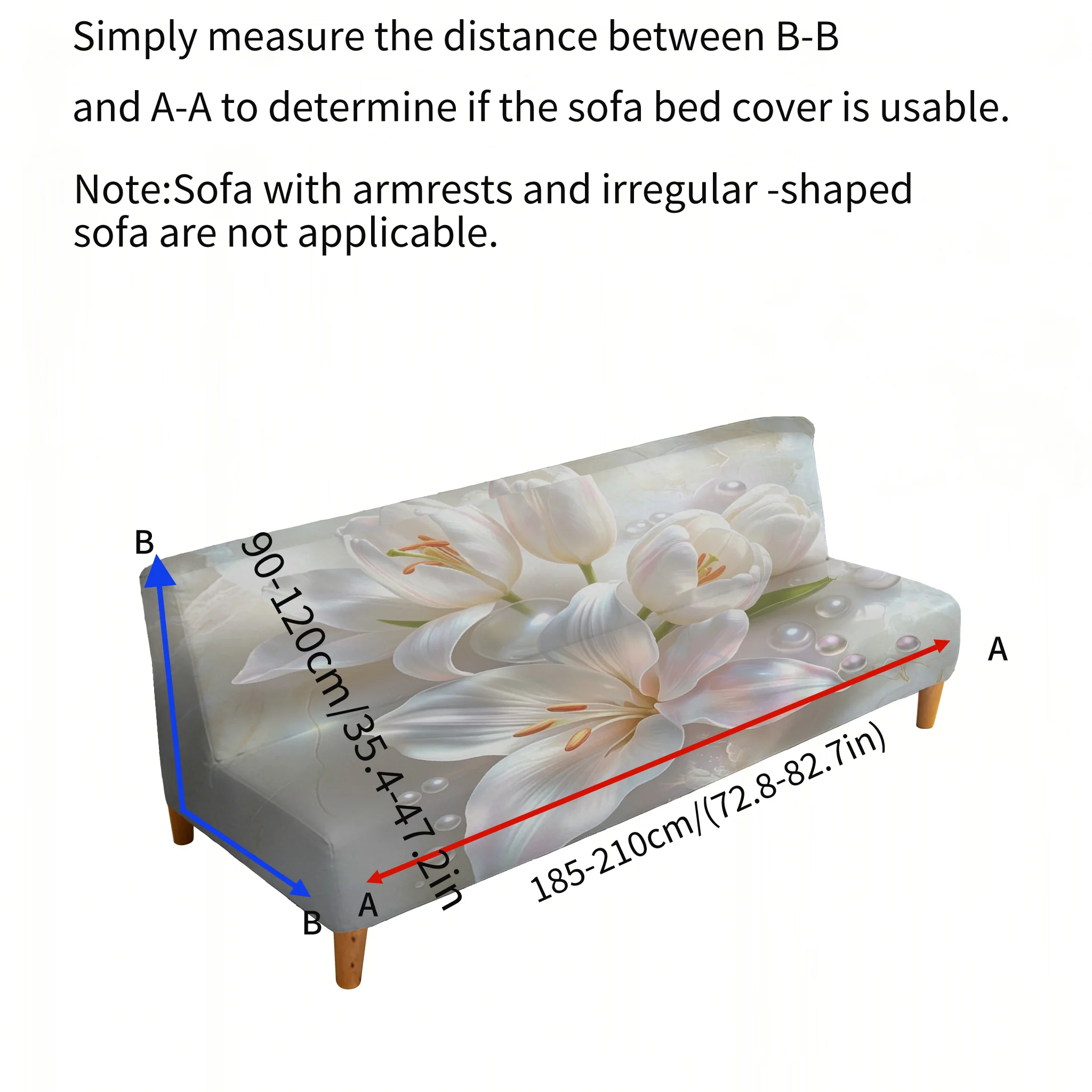 Armrest-free elastic sofa bed cover, light luxury white flower print pattern, dust-proof machine-washable sofa bed cover